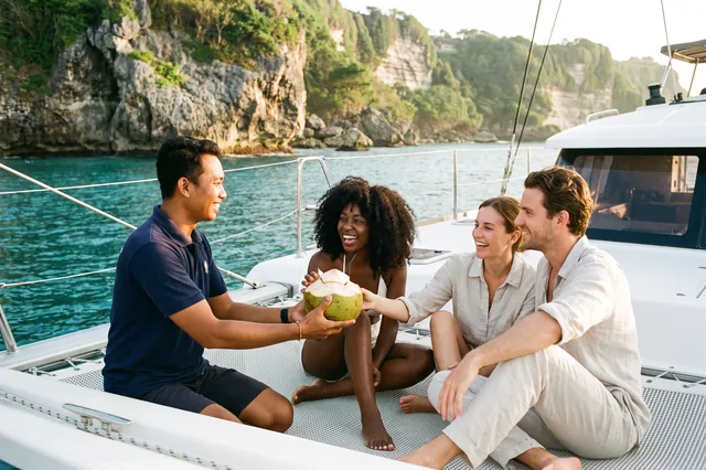Guests relaxing on the bow net of a sailing catamaran below the Uluwatu cliffs on a private Bali yacht charter