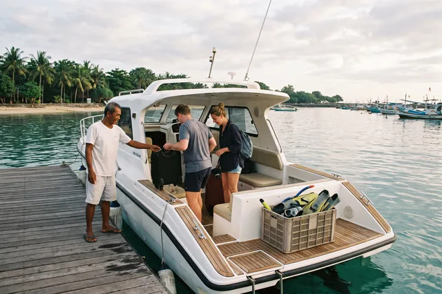 Crew helping guests board a speedboat at Serangan harbour for an island hopping trip from Bali
