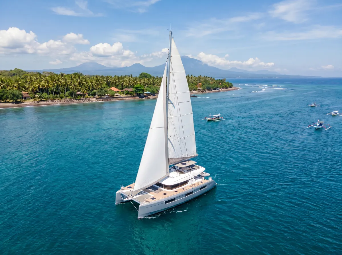 Sailing catamaran with white sails on blue water near Bali