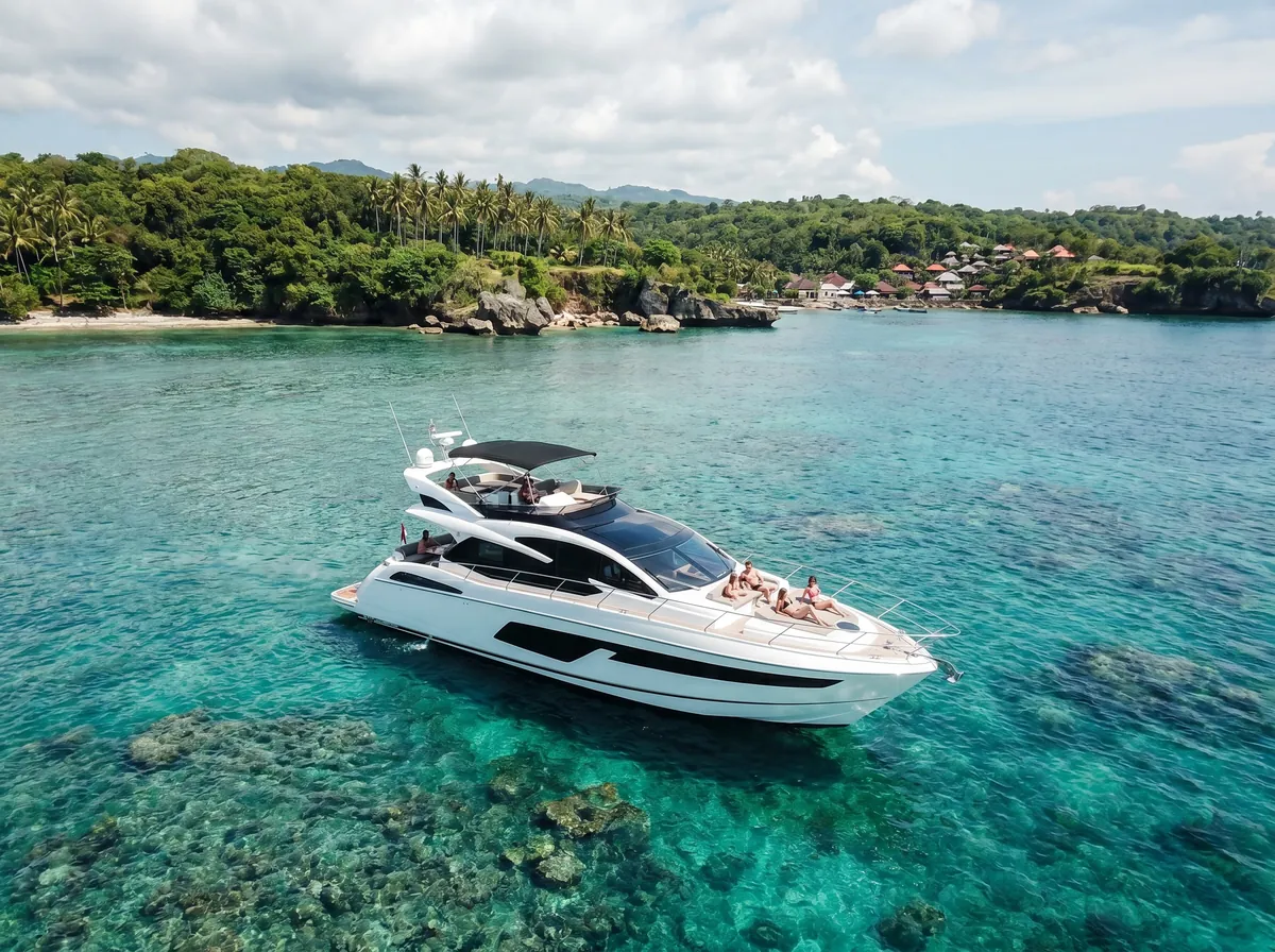 Private yacht cruising clear turquoise water near the Bali coastline