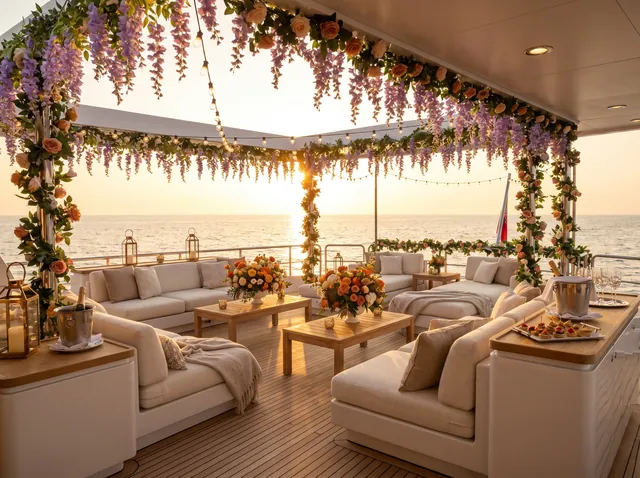 Yacht deck dressed for a celebration with flowers and lounge seating at golden hour