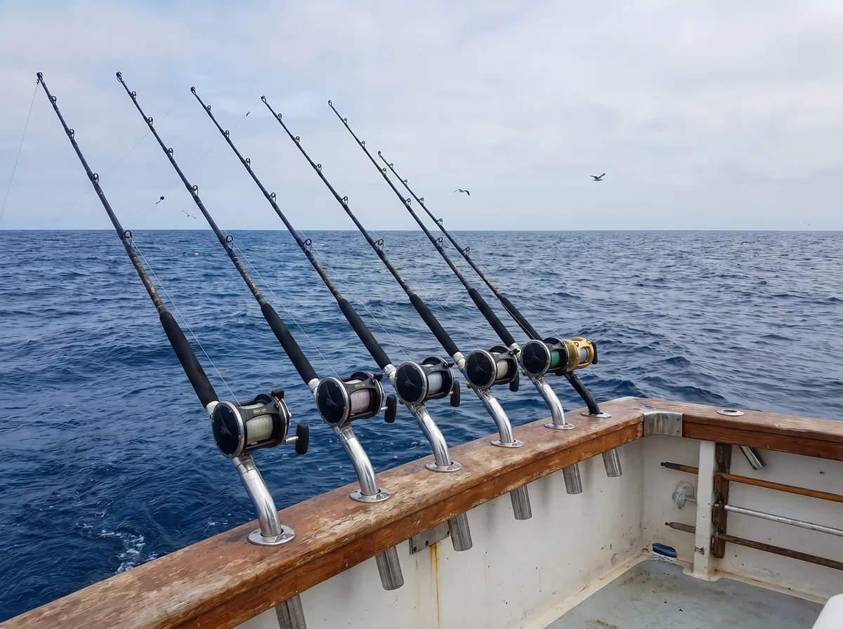 Fishing rods mounted on the stern of a charter boat over open sea