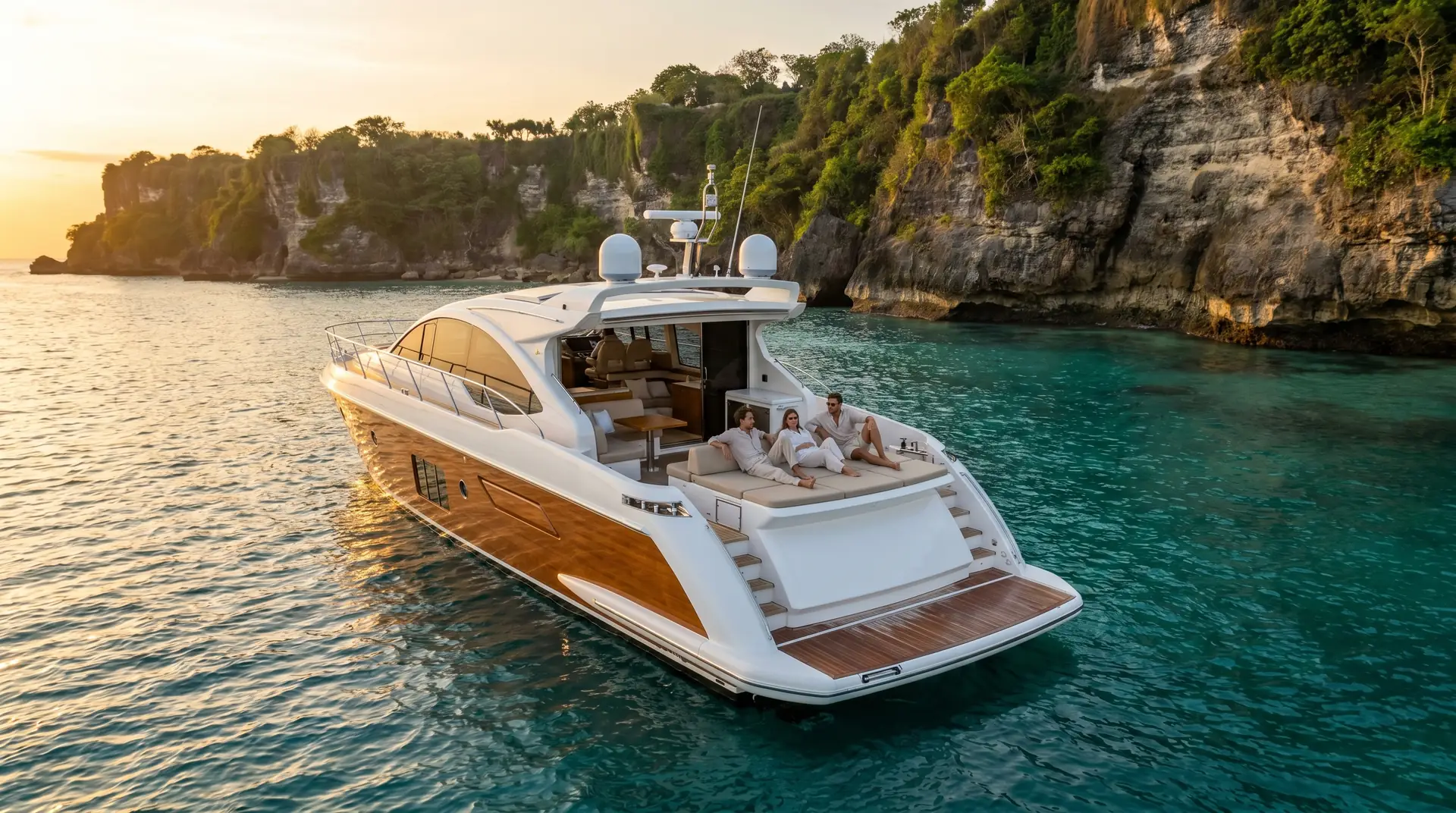 Luxury yacht anchored in turquoise water off a Bali cliff coast at golden hour