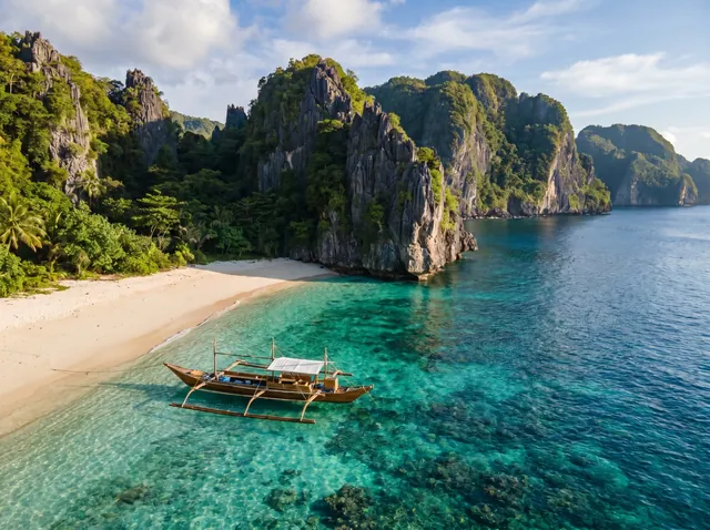 Boat anchored off a white-sand island with dramatic cliffs and turquoise water