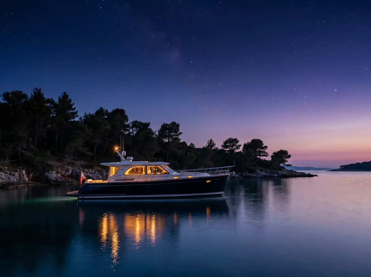 Yacht anchored in a calm bay under a starry twilight sky with warm cabin lights