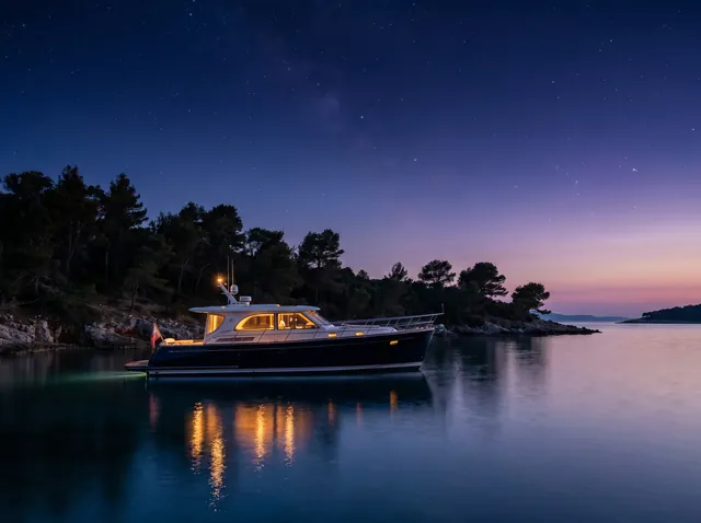 Yacht anchored in a calm bay under a starry twilight sky with warm cabin lights