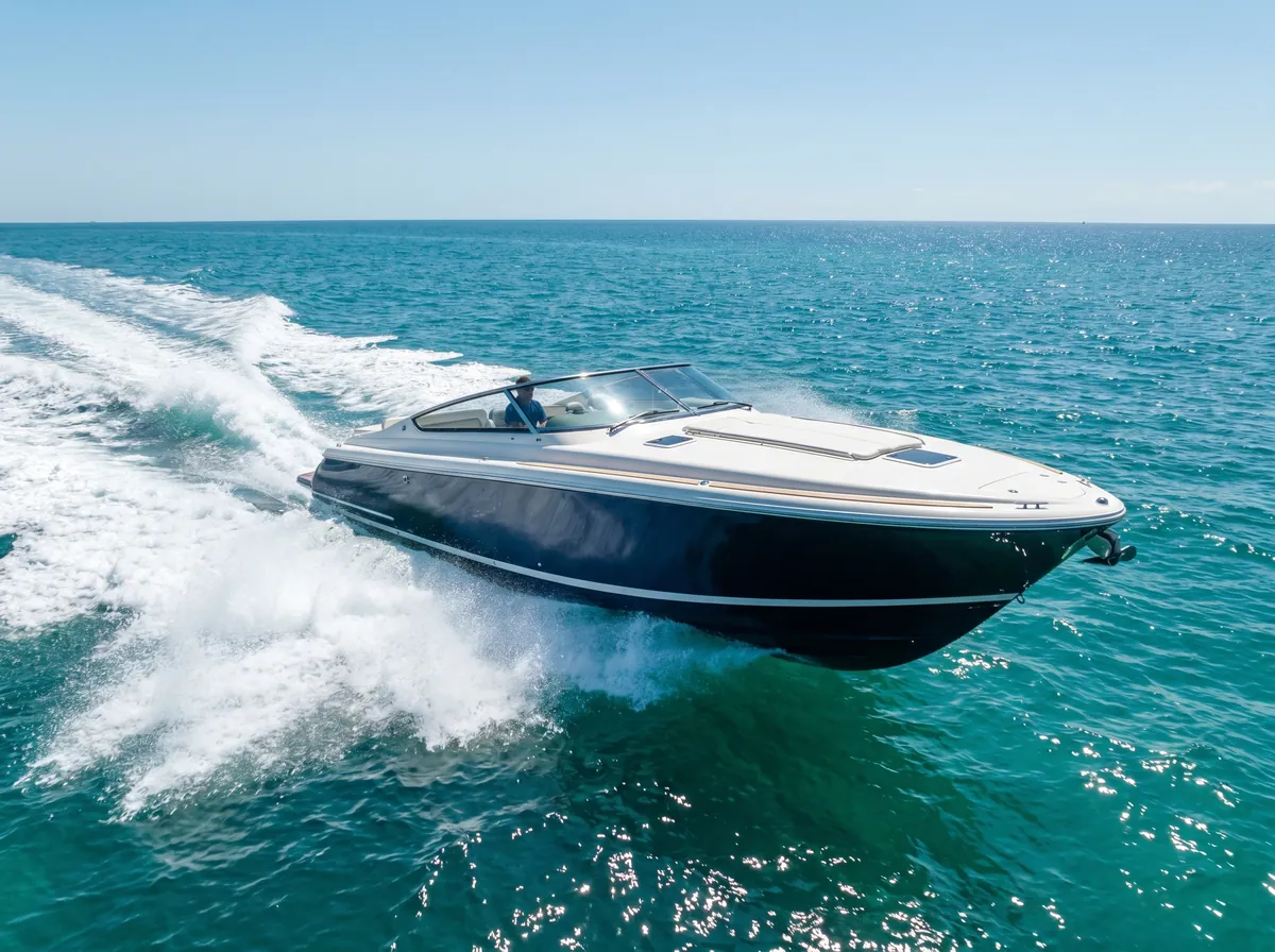 Sleek speedboat skimming across turquoise water with spray